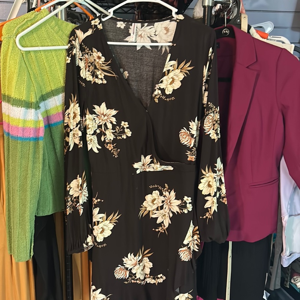 Black floral faux wrap dress
